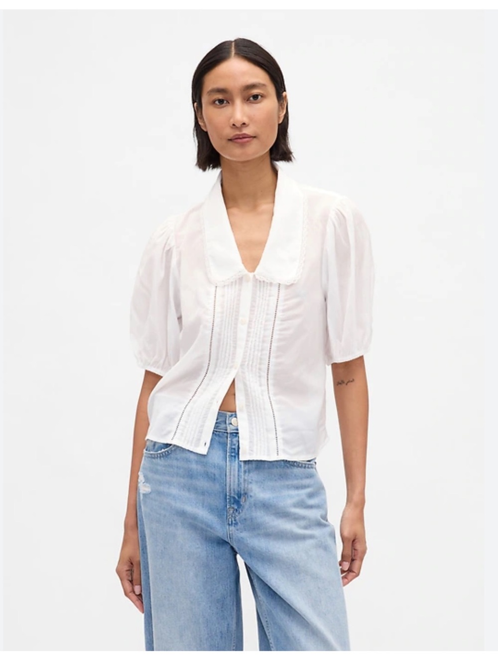 GAP Puff Sleeve Collared Top White Small Dainty Feminine Romantic Lightweight